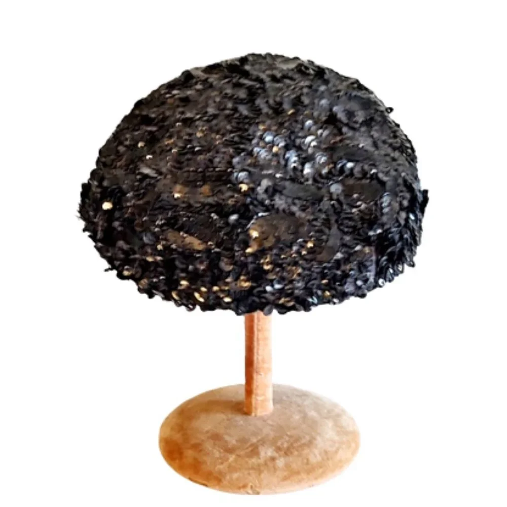 1950s True Vintage Sm Black Cocktail Band Hat Completely Covered With Sequins - Picture 5 of 6